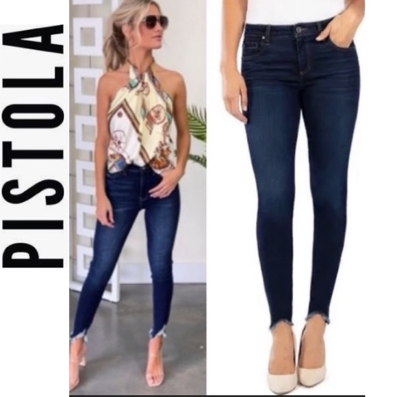 Pistola Shark Bite Raw Distressed Hem Skinny Dark Wash High Waist Ankle Jeans - Picture 15 of 15